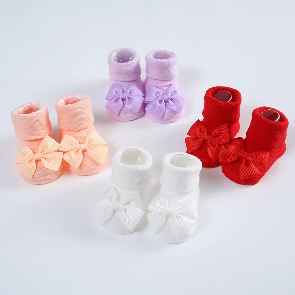 Calcetines de algodón para bebé recién nacido, conjunto de banda para el pelo, Diadema con lazo de cinta, calcetines transpirables, accesorios para bebés - imagen 4