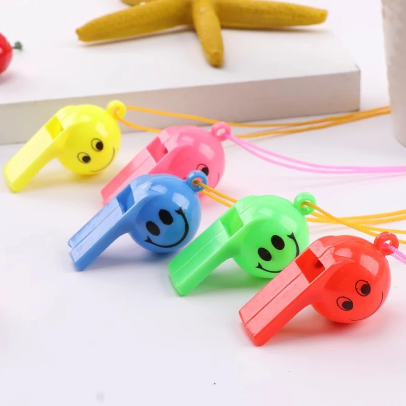 5/10/20 piezas Mini silbato de plástico con cara sonriente, silbatos de colores mezclados aleatorios con cuerda, árbitro de porristas, apito para fanáticos deportivos, suministro ZYF - imagen 4