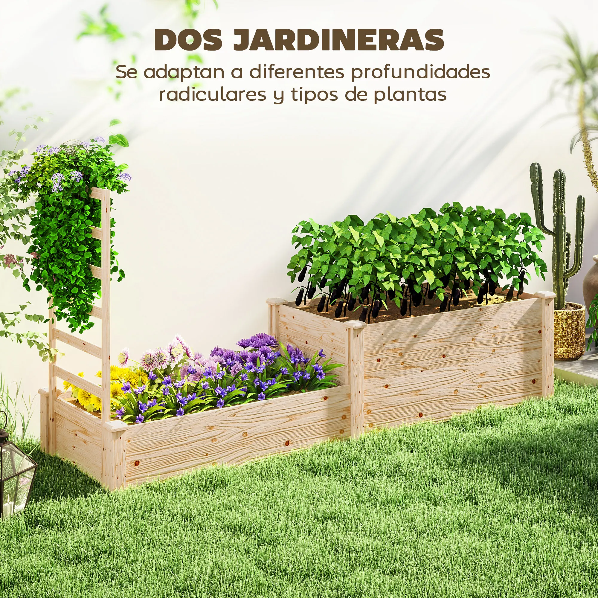 Outsunny Jardinera Exterior Grande de Madera Jardinera Elevada con Celosía para Plantas Trepadoras y 2 Cajas de Cultivo para Jardín Patio Terraza 222x63x132 cm Natural - imagen 4