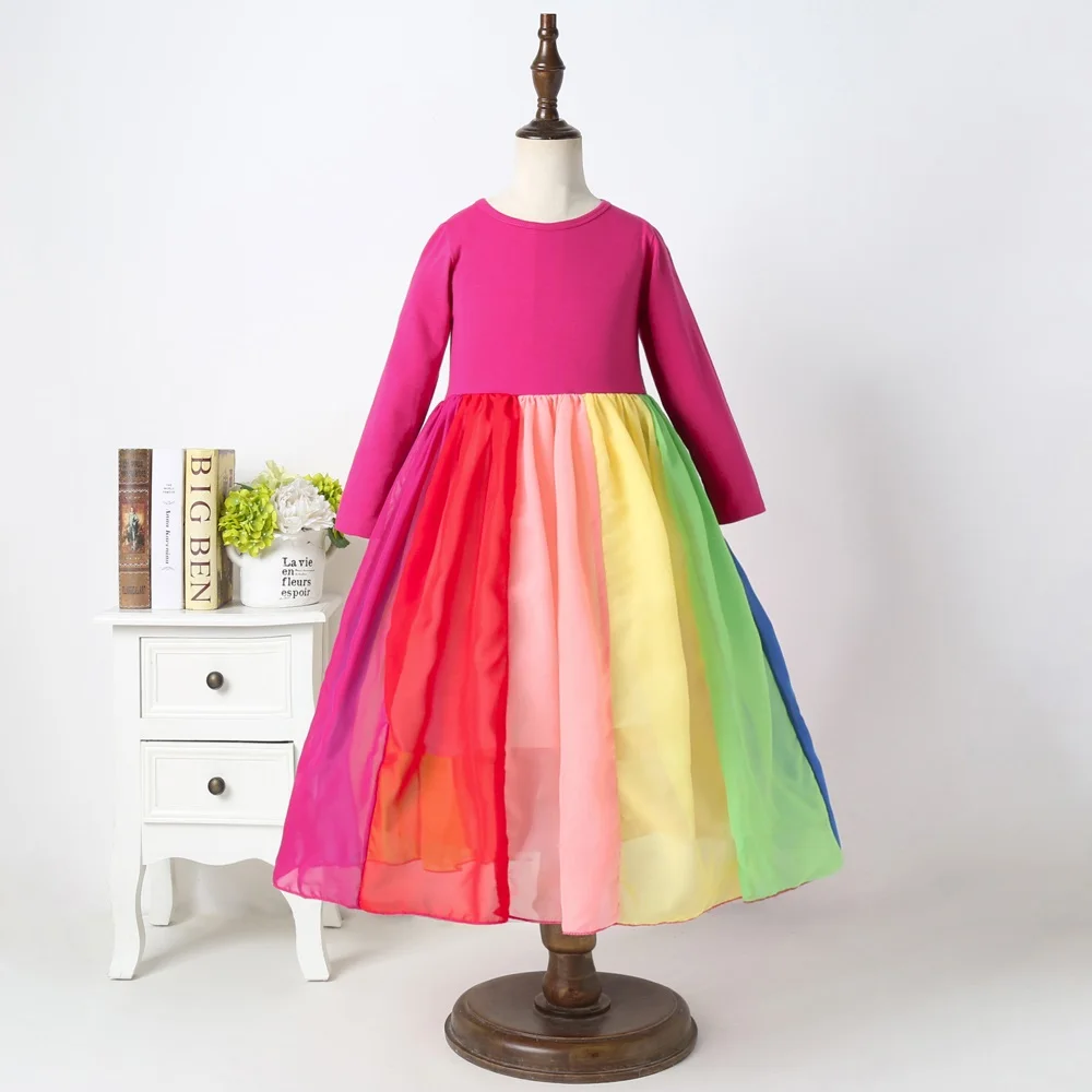Nueva moda Otoño Invierno Arco Iris manga larga algodón bloque de Color lindo bebé niña vestidos de fiesta de algodón para niños vestido de princesa para niñas - imagen 5