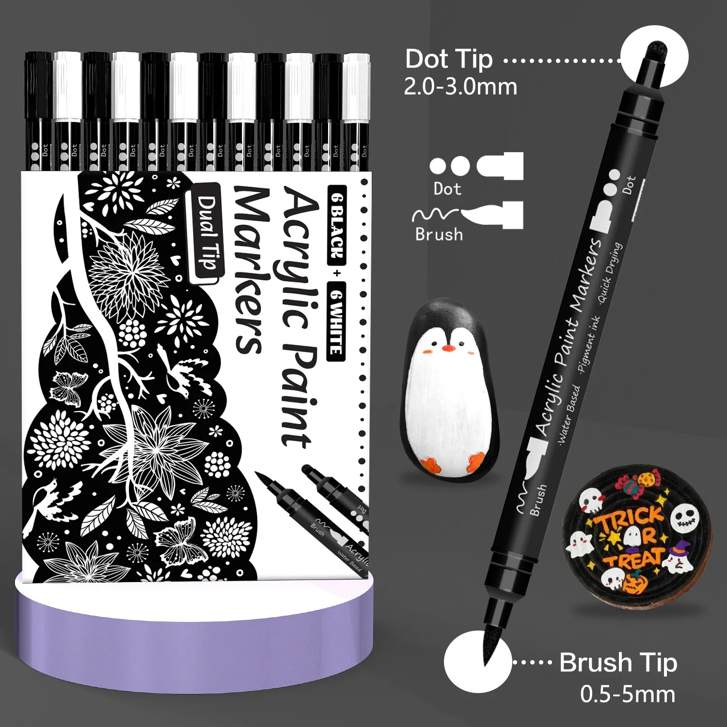 Rotulador de pintura acrílica blanca y negra, pincel de 12 piezas y punta fina para papel, pintura de roca, letrero de madera, Metal, plástico, dibujo - imagen 4