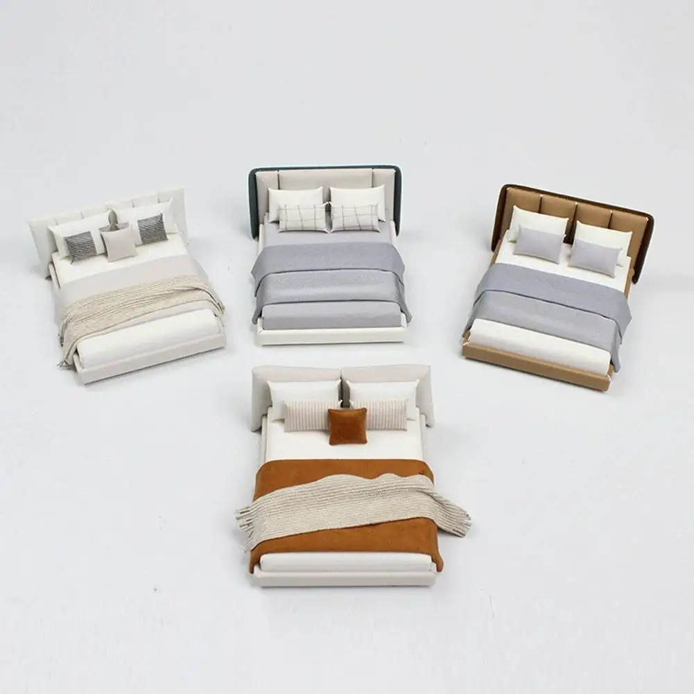 Cama doble y ropa de cama en miniatura para dormitorio, muebles de estilo crema, decoración en miniatura O6m3