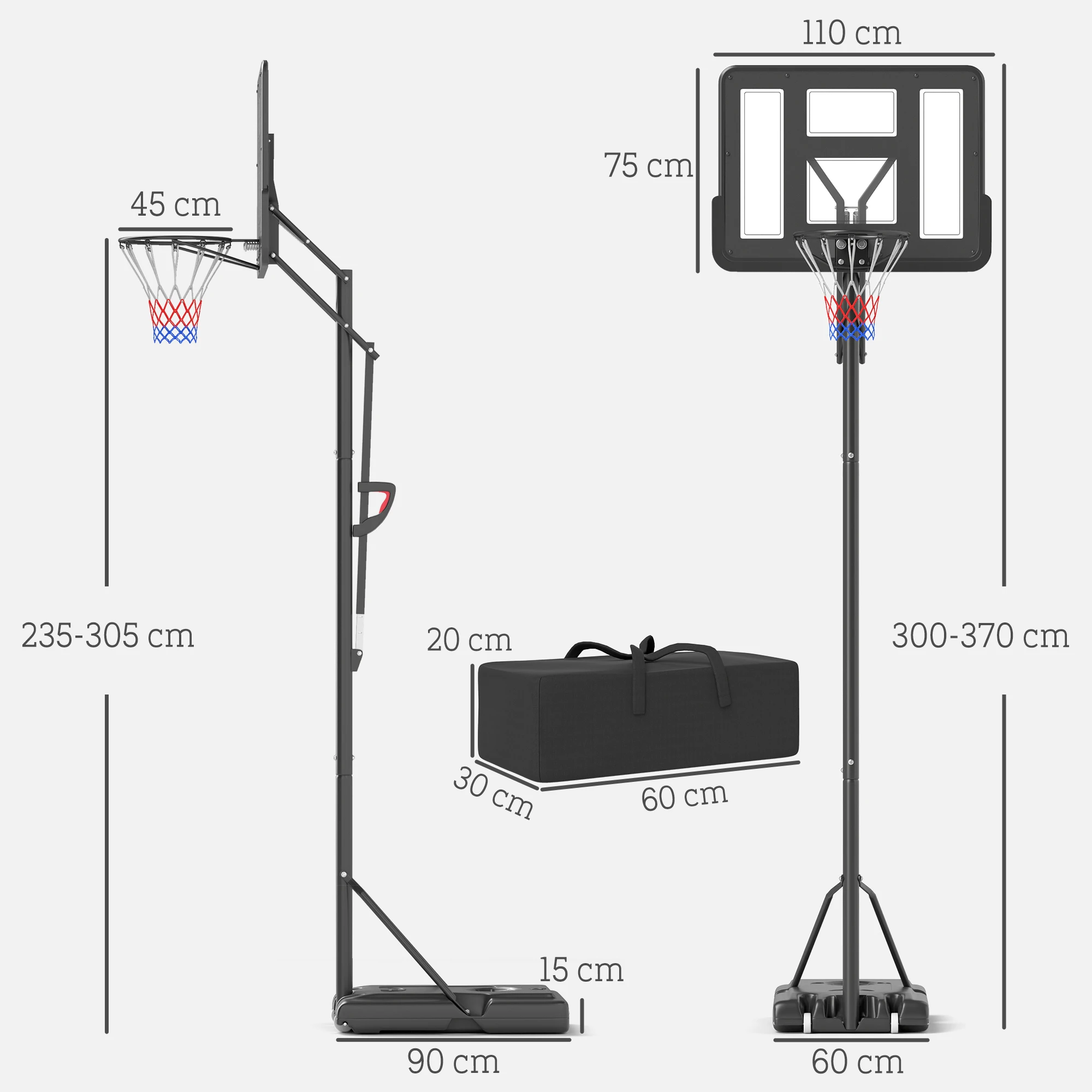 SPORTNOW Canasta de Baloncesto de Exterior con Altura Ajustable 235-305 cm Aro de Baloncesto con Soporte Canasta de Baloncesto con Ruedas Base Rellenable Bolsa de Peso Negro - imagen 3