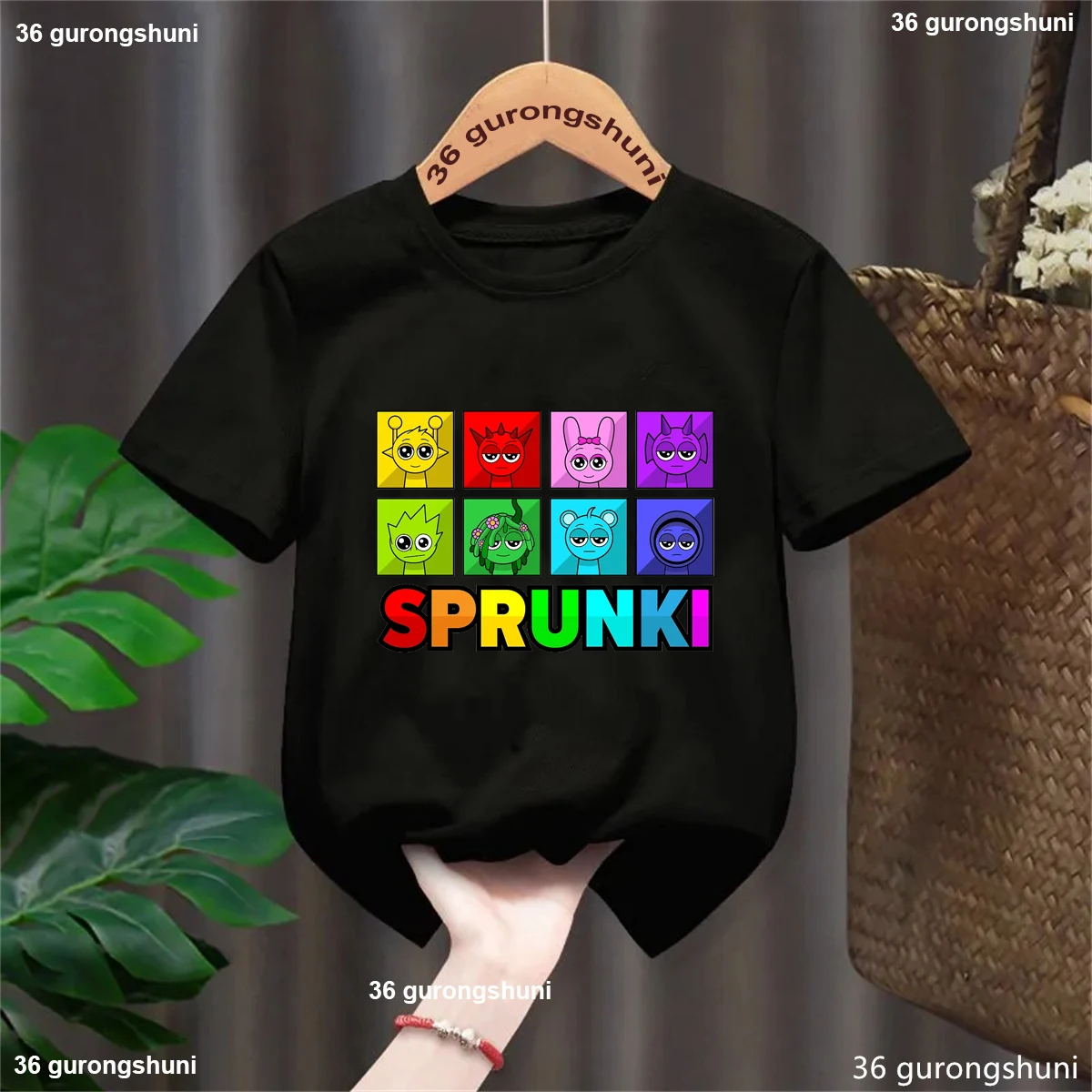 Camiseta con estampado con dibujo de juego de música Rainbow Sprunki, ropa Kawaii para niños y niñas, camisetas lisas de manga corta de verano