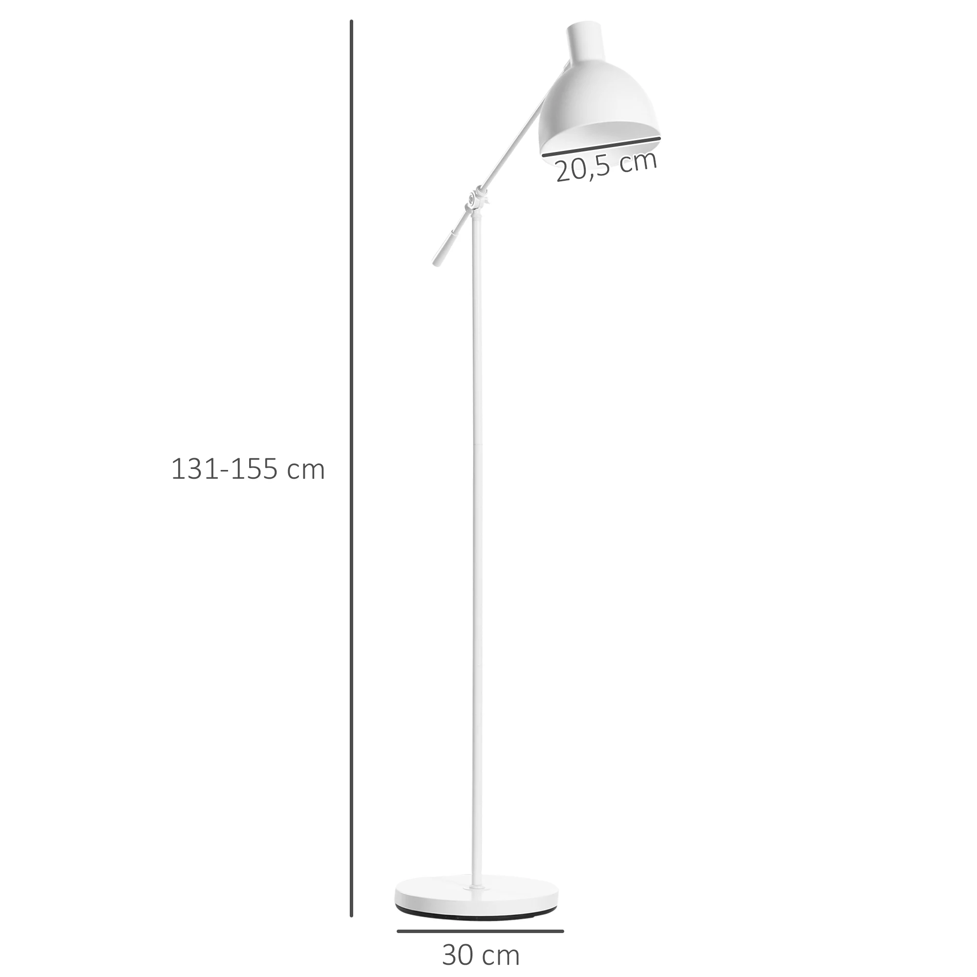 HOMCOM Lámpara de Pie Industrial Casquillo E27 Máx. 40W Lámpara de Lectura de Pie con Brazo Oscilante Altura Ajustable Pantalla Giratorio 90° para Salón Dormitorio Oficina Ø30x131-155 cm Blanco - imagen 3