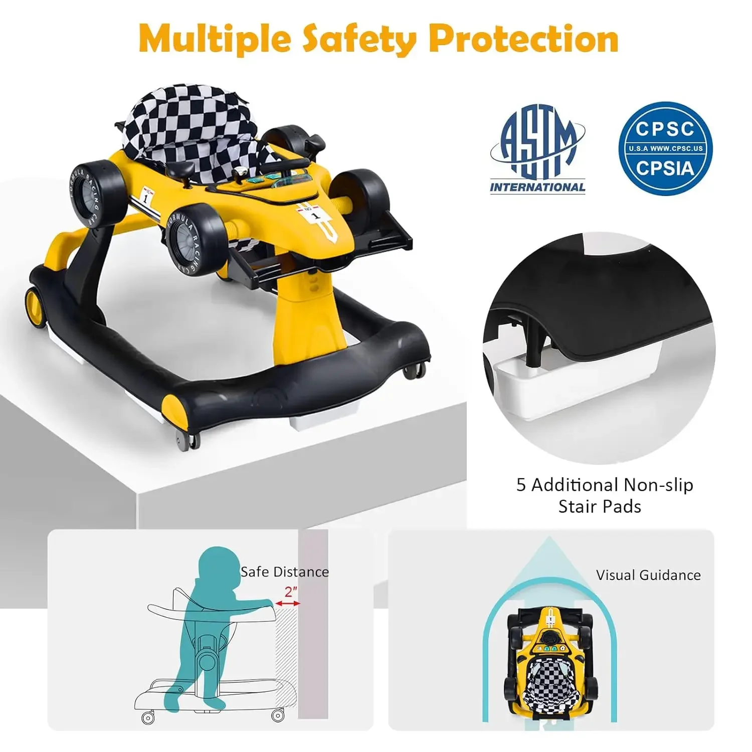 Andador de bebé 4 en 1 Andador de empuje de actividad Alturas ajustables 360 °   Andador de coche plegable ligero y musical con rueda giratoria para niños y niñas - imagen 5