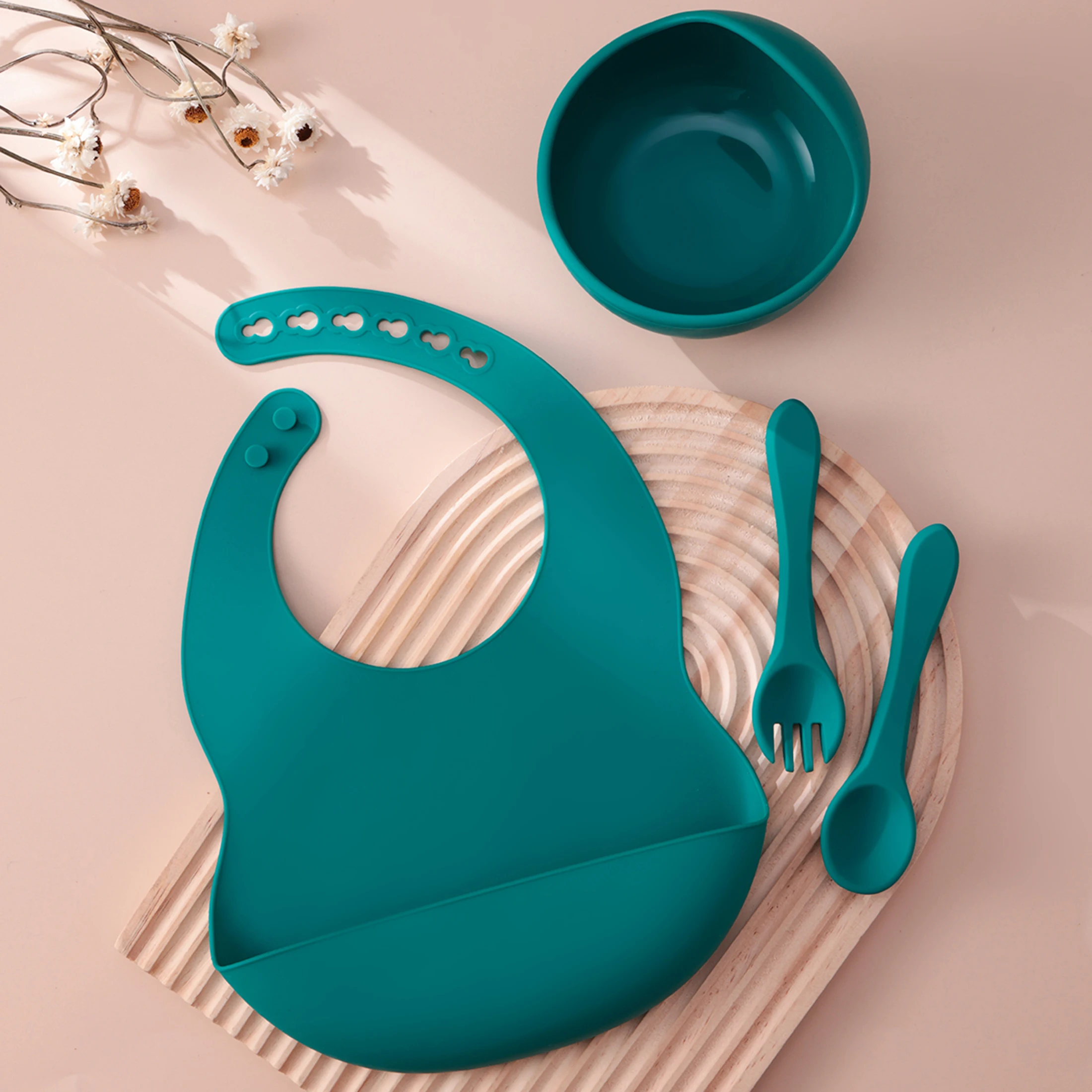 Juego de alimentación de bebé de silicona para niños, 4 Uds., con cuchara, babero, tazón de succión, sin BPA, cuchara de entrenamiento para niños pequeños, tenedor, vajilla, cosas para bebés - imagen 2