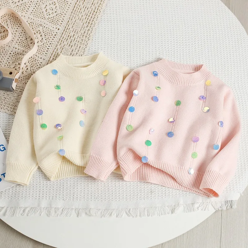 ¡Nuevo suéter suelto de estilo perezoso para niñas esta primavera y otoño! Top de punto de moda y fácil de usar, color liso y adornado con lentejuelas.