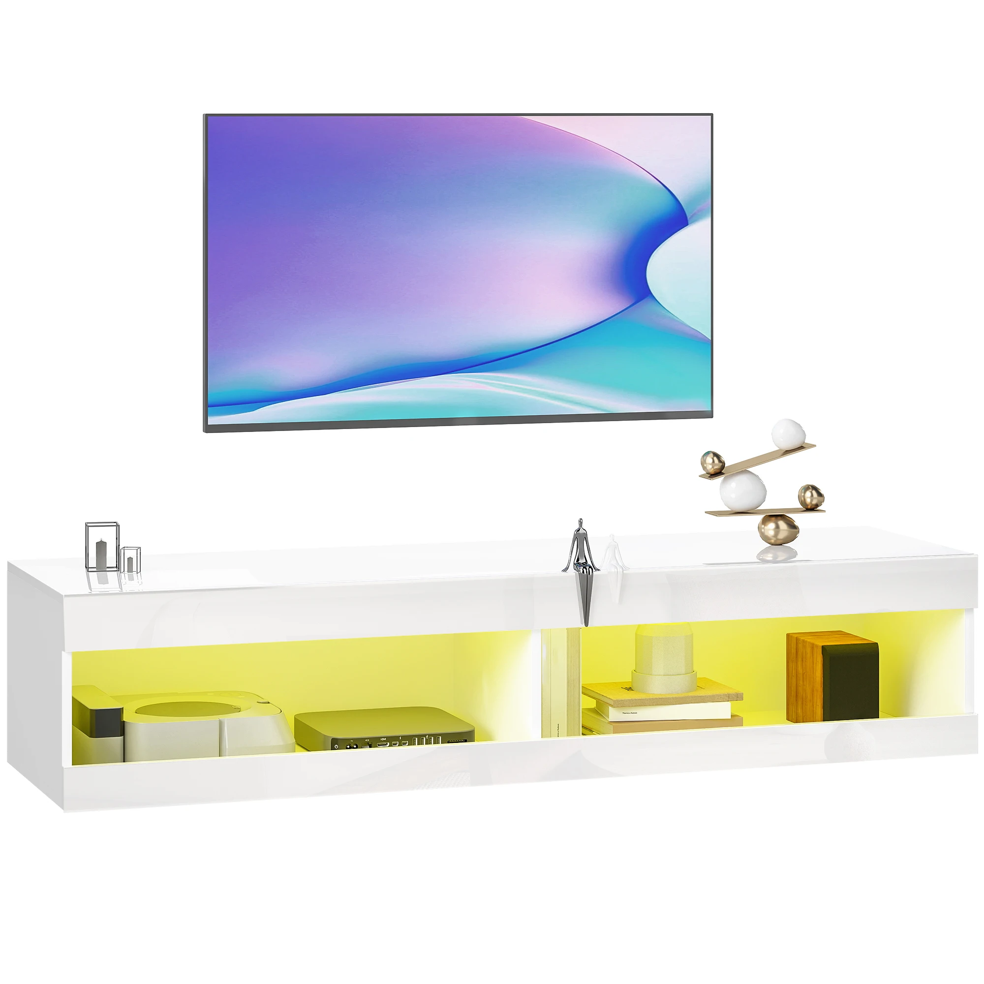 HOMCOM Mueble de TV Suspendido con Luces LED, Mueble de TV para Salón con Control Remoto, Compartimentos, Orificios Pasacables, para Televisión 55-60 Pulgadas, 140x40x30 cm, Blanco Brillo