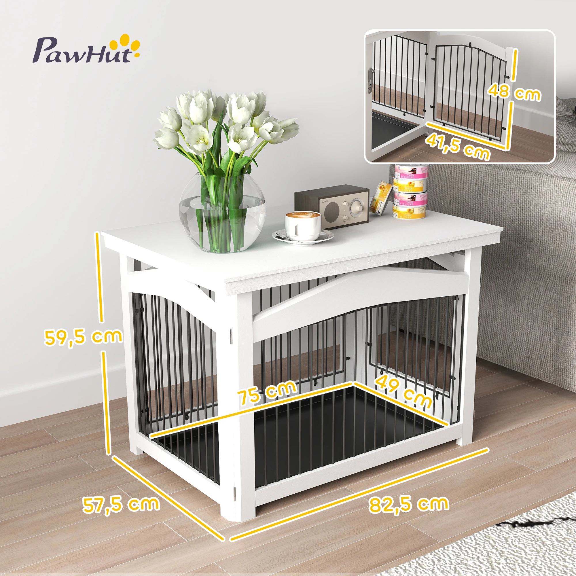 PawHut Jaula para Perros Medianos 3 en 1 Mesa Auxiliar Barrera para Perros con Puerta con Pestillo Tapa Superior Desmontable y Bandeja Extraíble 82,5x57,5x59,5 cm Blanco - imagen 3