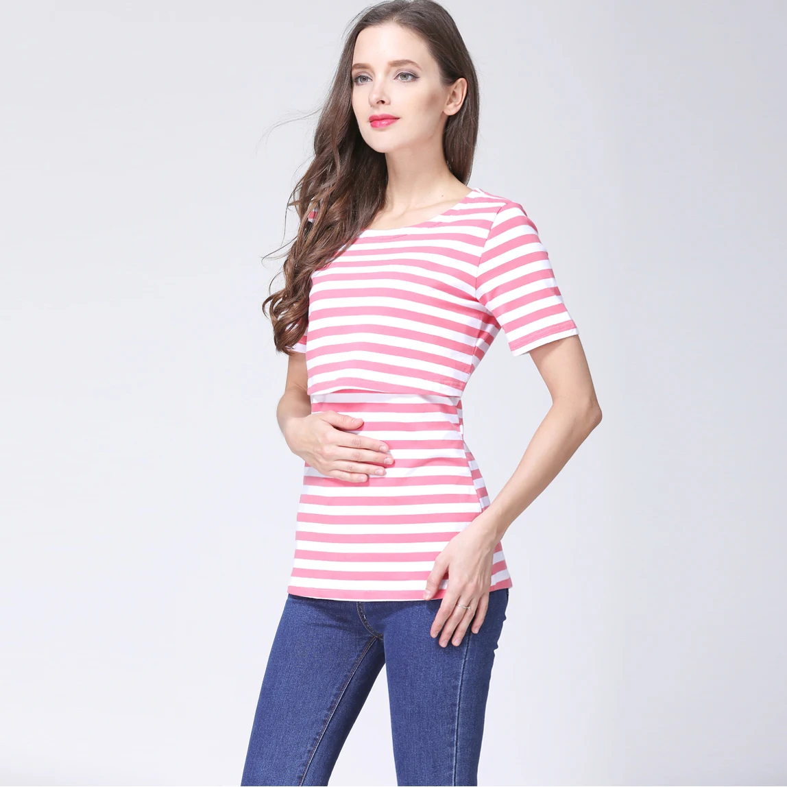 Nueva camiseta de maternidad para mujer, Tops de algodón elásticos de manga corta, ropa holgada para amamantar, ropa para embarazadas de talla grande - imagen 3