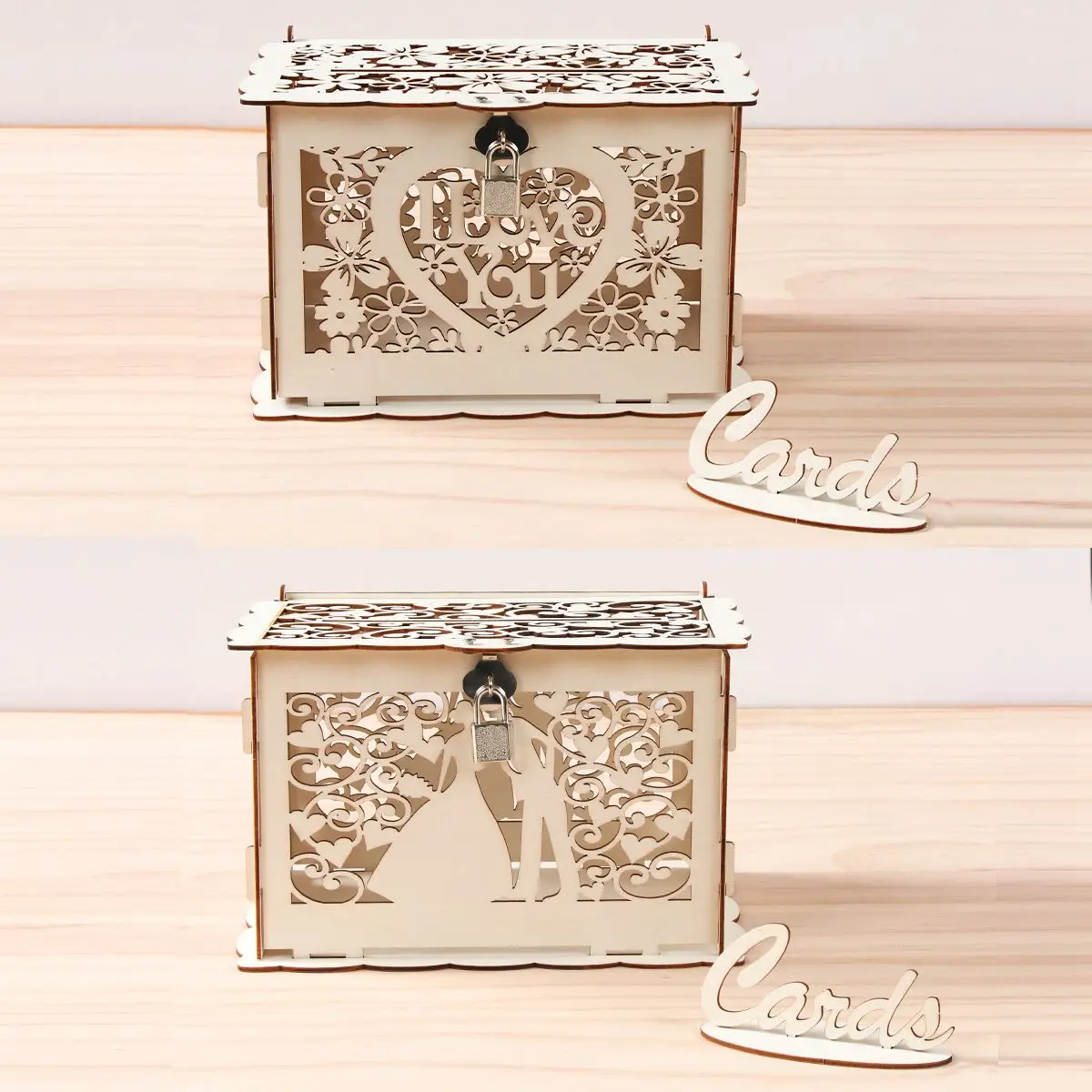 Cajas de tarjetas de regalo de madera para bodas con cierre, decoración rústica para bodas, caja de dinero con diseño de Señor y Señora hueca, suministros para fiestas de bodas - imagen 5