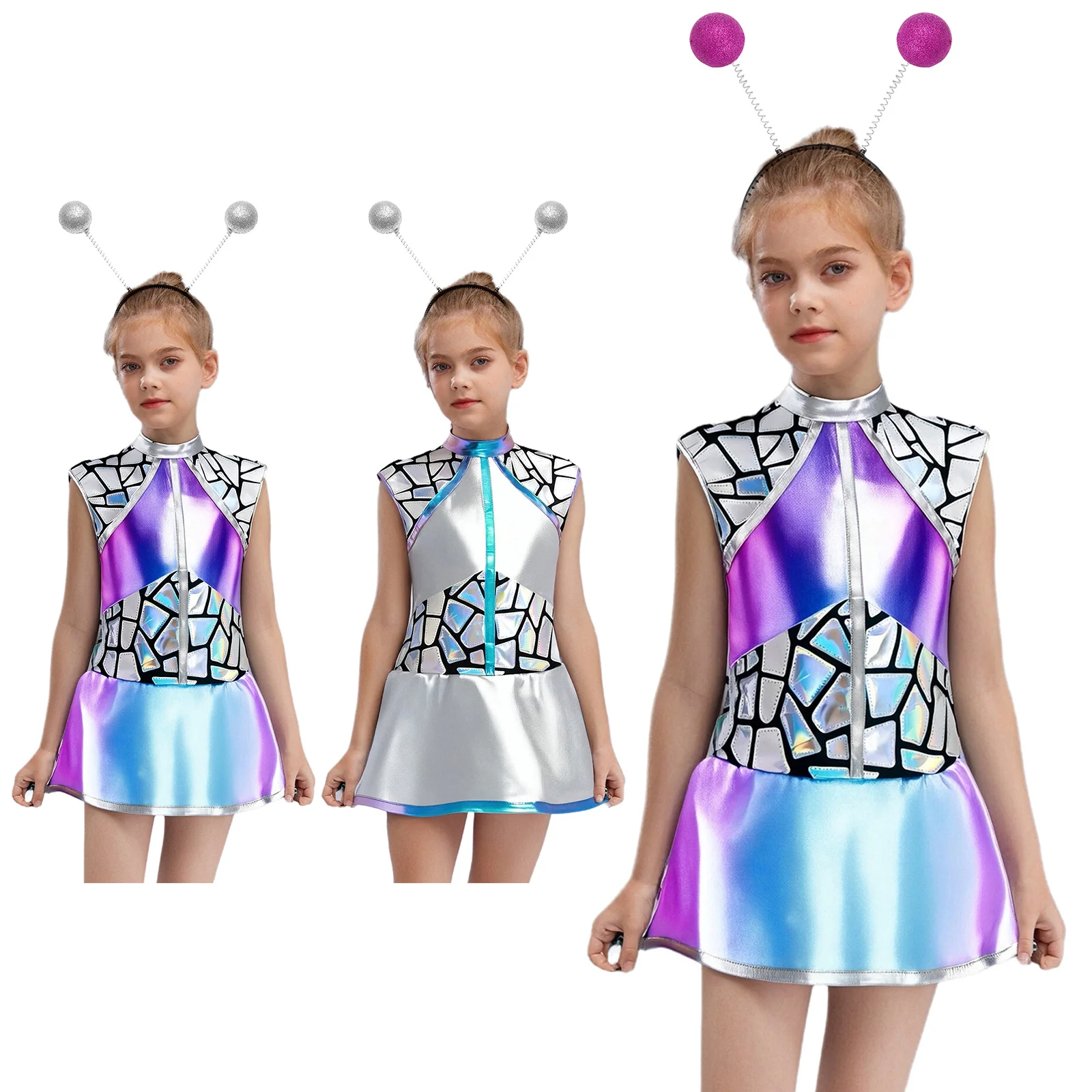 Disfraz de alien para niñas – Vestido metálico brillante con aro - imagen 5