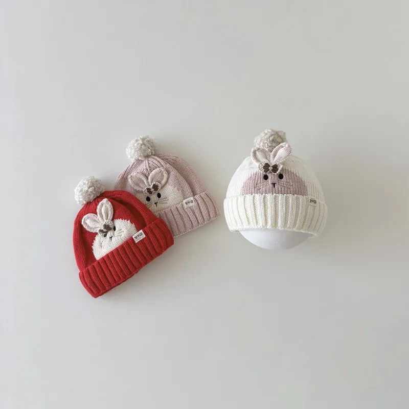 Gorro de invierno para bebé, gorro tejido con forro de algodón con Orejas de conejo para niña, gorro cálido con orejeras para recién nacido, gorro de invierno con animales bonitos - imagen 3