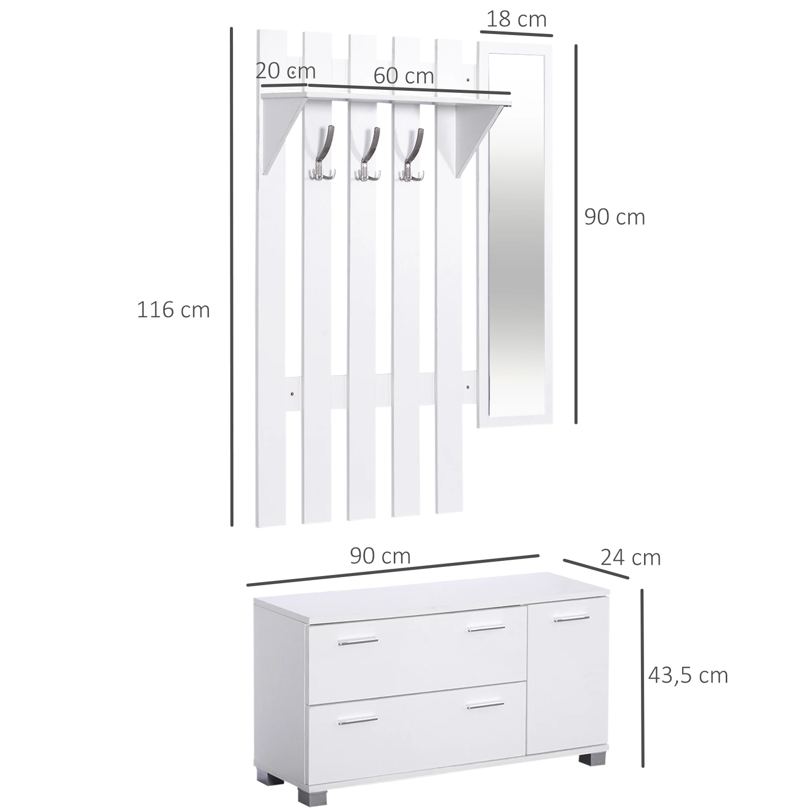 HOMCOM Conjunto de Recibidor de Entrada con Espejo Perchero y Zapatero Muebles de Entrada con 3 Ganchos Estante y 2 Cajones para Pasillo - imagen 3