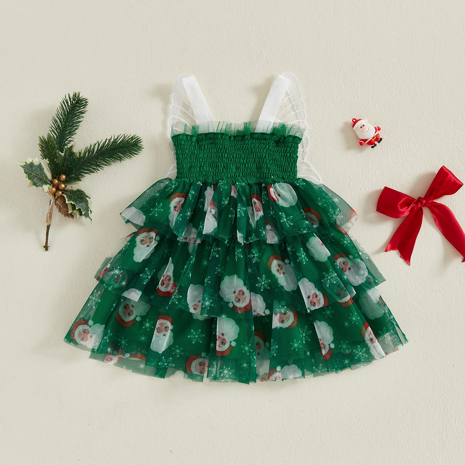 VISgogo Vestido de Navidad para niña pequeña con estampado de copos de nieve, sin mangas, de tul, línea A, con ala de mariposa