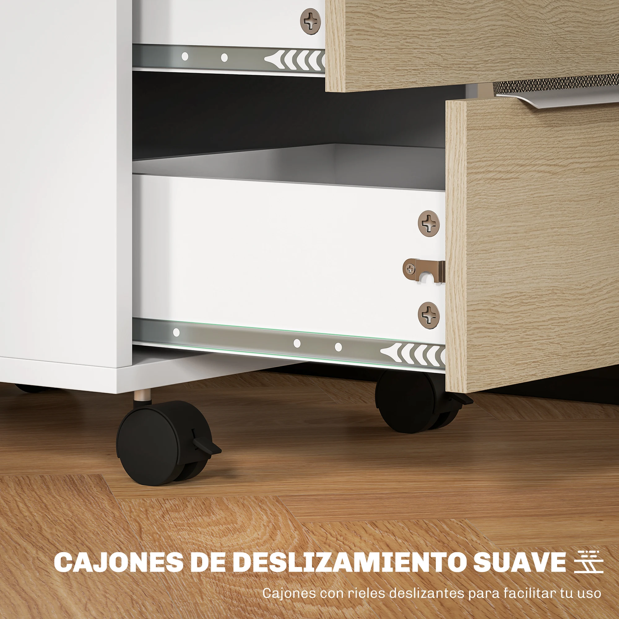 HOMCOM Cajonera de Escritorio con 3 Cajones Cajonera de Oficina con Ruedas Cerradura y 2 Llaves Archivador Móvil para Estudio Salón 40x40x63,5 cm Blanco y Roble - imagen 5