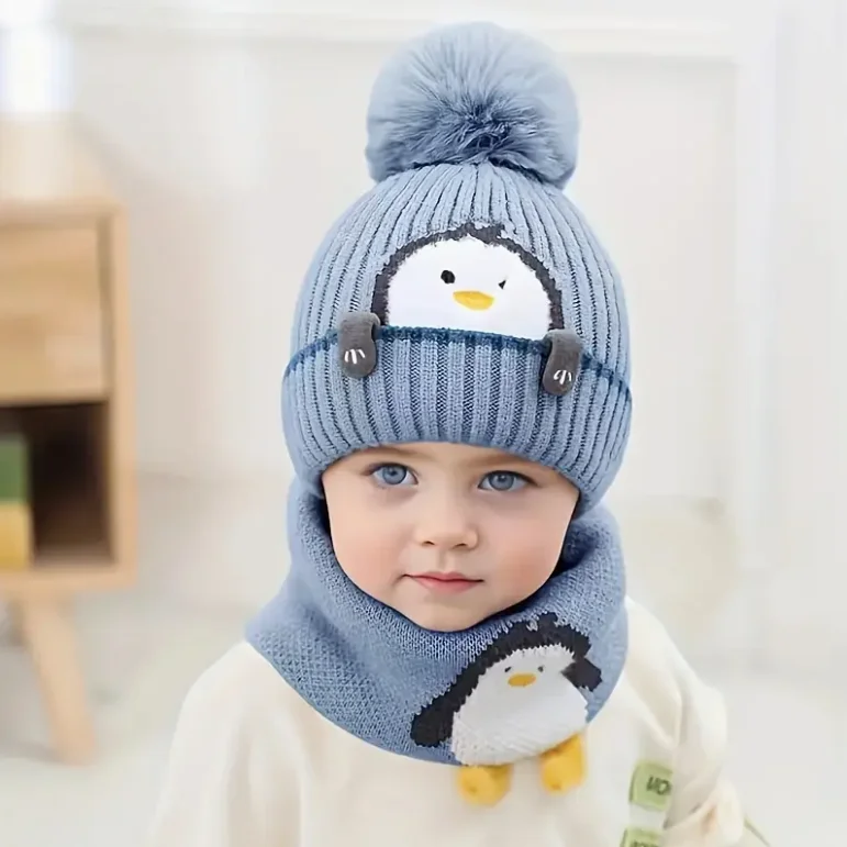 Gorro cálido de invierno para niños con orejeras, tela de punto con diseño de pingüino lindo, ligero, patrón de animales de dibujos animados, cierre de palanca - imagen 5