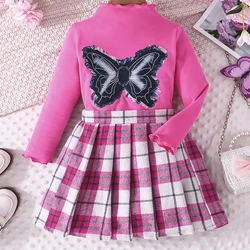Conjunto de manga larga con mariposa y falda a cuadros para niña