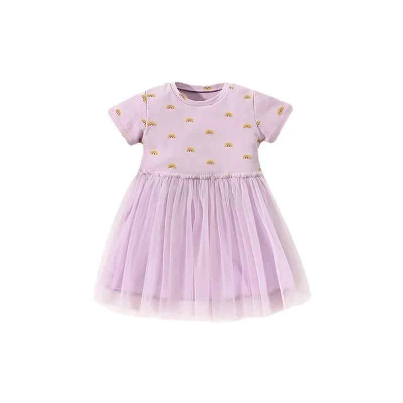 Vestido de princesa de verano para niña de 90-140cm, bonito vestido de malla morado transpirable para niña, vestidos infantiles de manga corta para ropa para niña