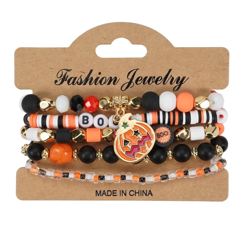 1/2 Uds pulsera de Halloween cristal Artificial pulsera de cuentas de cerámica suave calabaza fantasma sombrero de murciélago colgante pulsera de fiesta - imagen 5