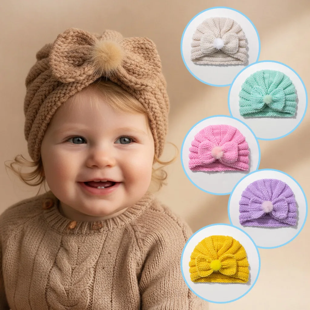 Gorro Fetal para bebé de 0 a 12M, bonito lazo, bola para el pelo, decoración, gorro de punto infantil, accesorio para el cabello de Color sólido para niño pequeño - imagen 4