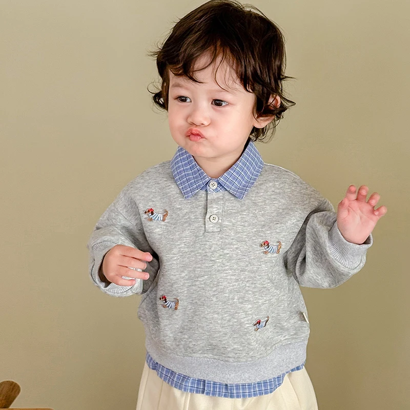 MILANCEL, nueva ropa de otoño para bebés, jersey con cuello a cuadros falso bordado de perro bonito, Top para niños de 0 a 5 años, Sudadera con capucha a cuadros - imagen 2