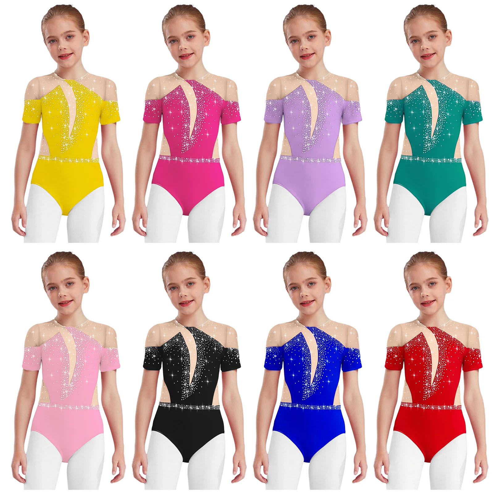 Niños Niñas patinaje artístico danza leotardo manga corta recortado espalda malla transparente Patchwork diamantes de imitación mono de gimnasia Ropa de baile - imagen 2