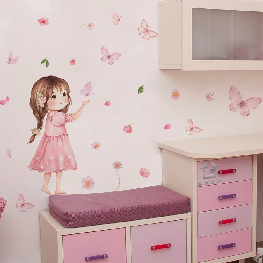 Pegatinas de pared autoadhesivas para niña bonita para dormitorio, habitación de niños, dormitorio, pegatinas de decoración del hogar, flores de mariposa - imagen 4