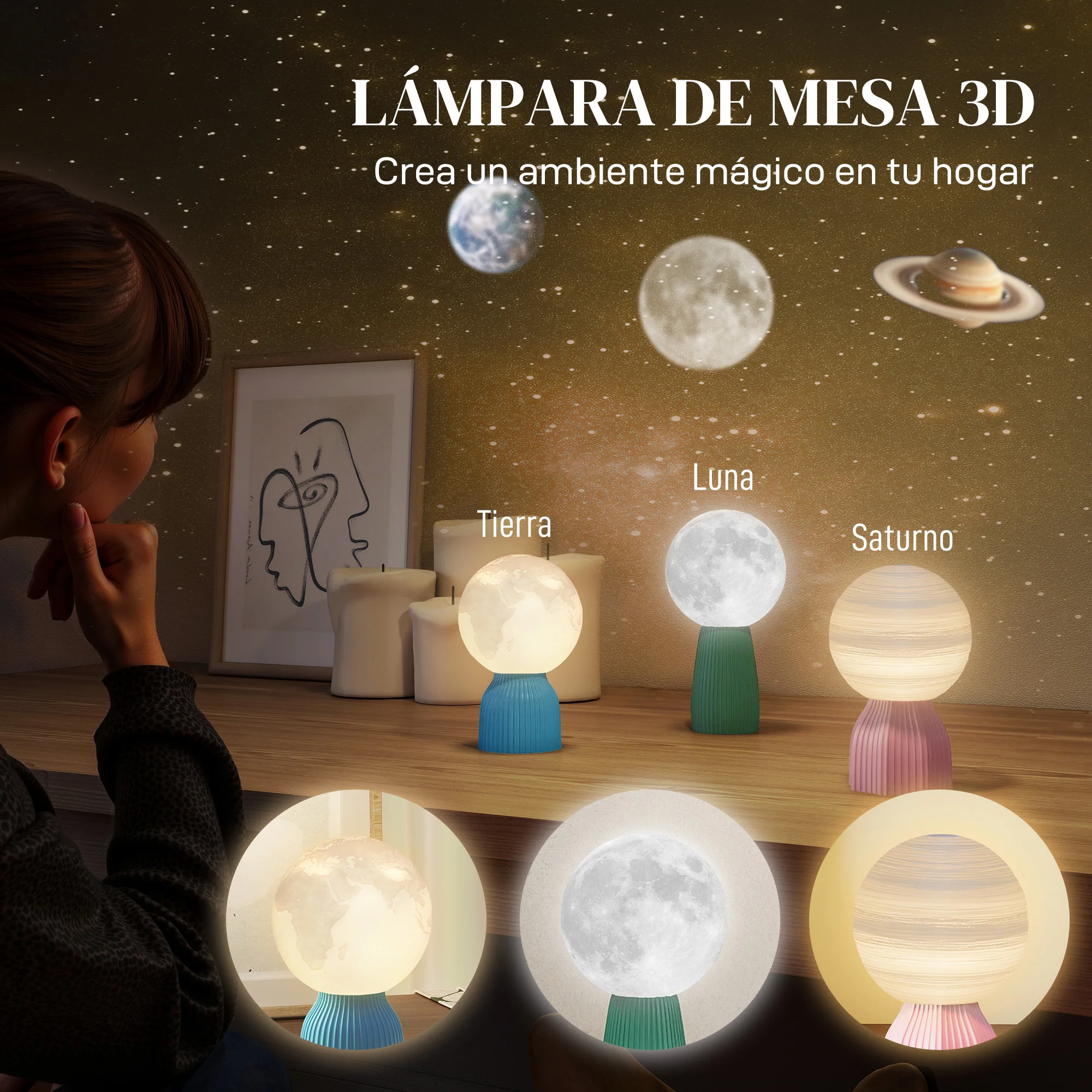 HOMCOM Juego de 3 Lámparas de Mesita de Noche 3D Lámparas de Mesa con 3 Colores Brillo Ajustable en 10 Niveles Conexión USB para Hogar Oficina Dormitorio Blanco - imagen 3