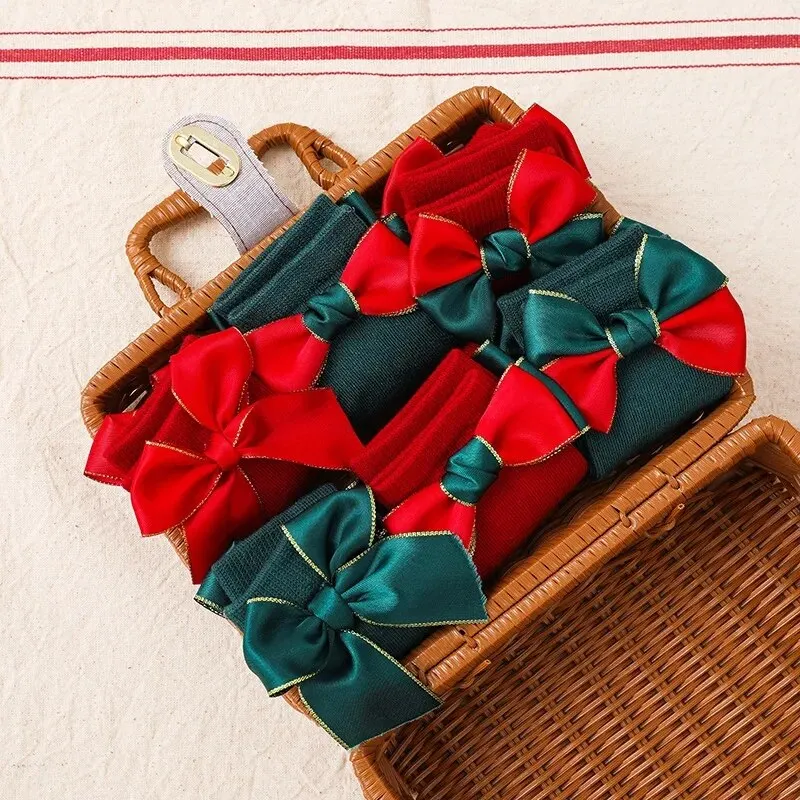 Calcetines de Navidad para bebé y niña, calcetín largo hasta la rodilla con lazo grande rojo, algodón suave, regalo para recién nacido de 0 a 5 años, 2 pares por lote - imagen 5