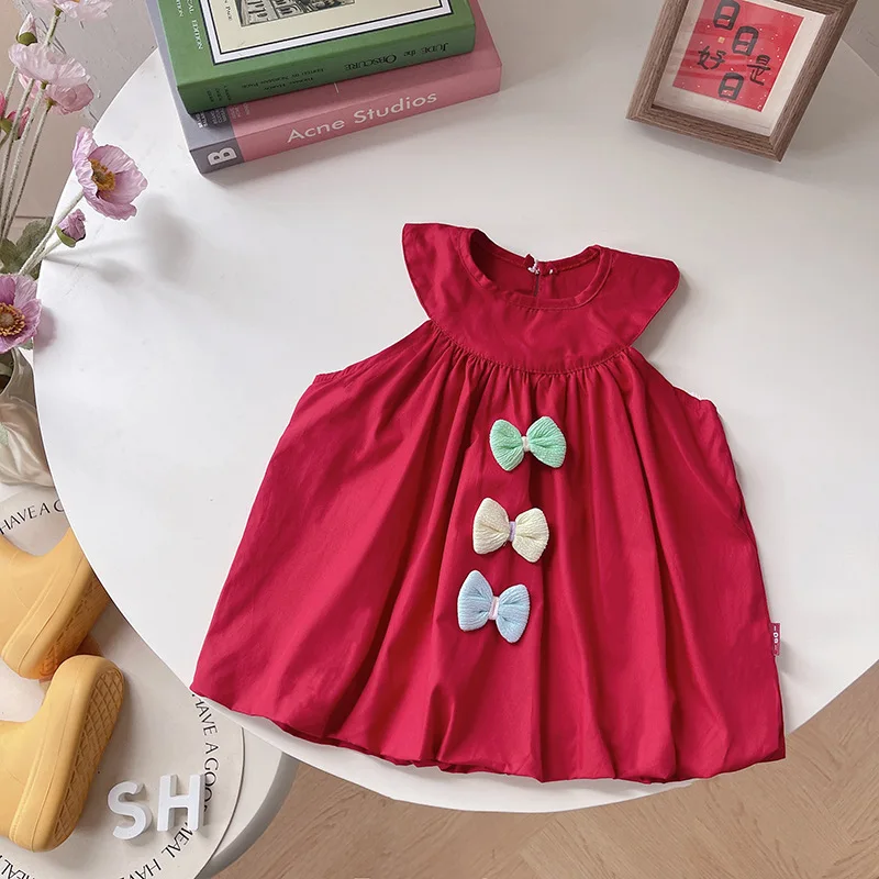 Ropa de verano para niñas, vestido acampanado con lazo para niñas, vestido de brotes con mangas, ropa dulce para niñas 2026 - imagen 4