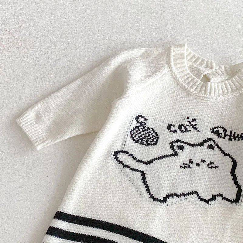MILANCEL, nuevos peleles de otoño para bebé, 3M-3T, mono de gato bonito a rayas blancas y negras para niñas, mono de punto fino de una pieza para niños pequeños - imagen 5