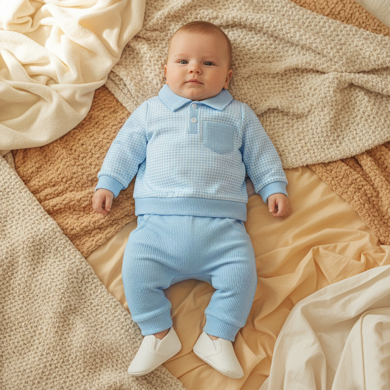 Suefunskry Conjunto de 2 piezas de otoño para bebé, sudadera con solapa a cuadros de manga larga y pantalones elásticos, conjunto de ropa cálida - imagen 3