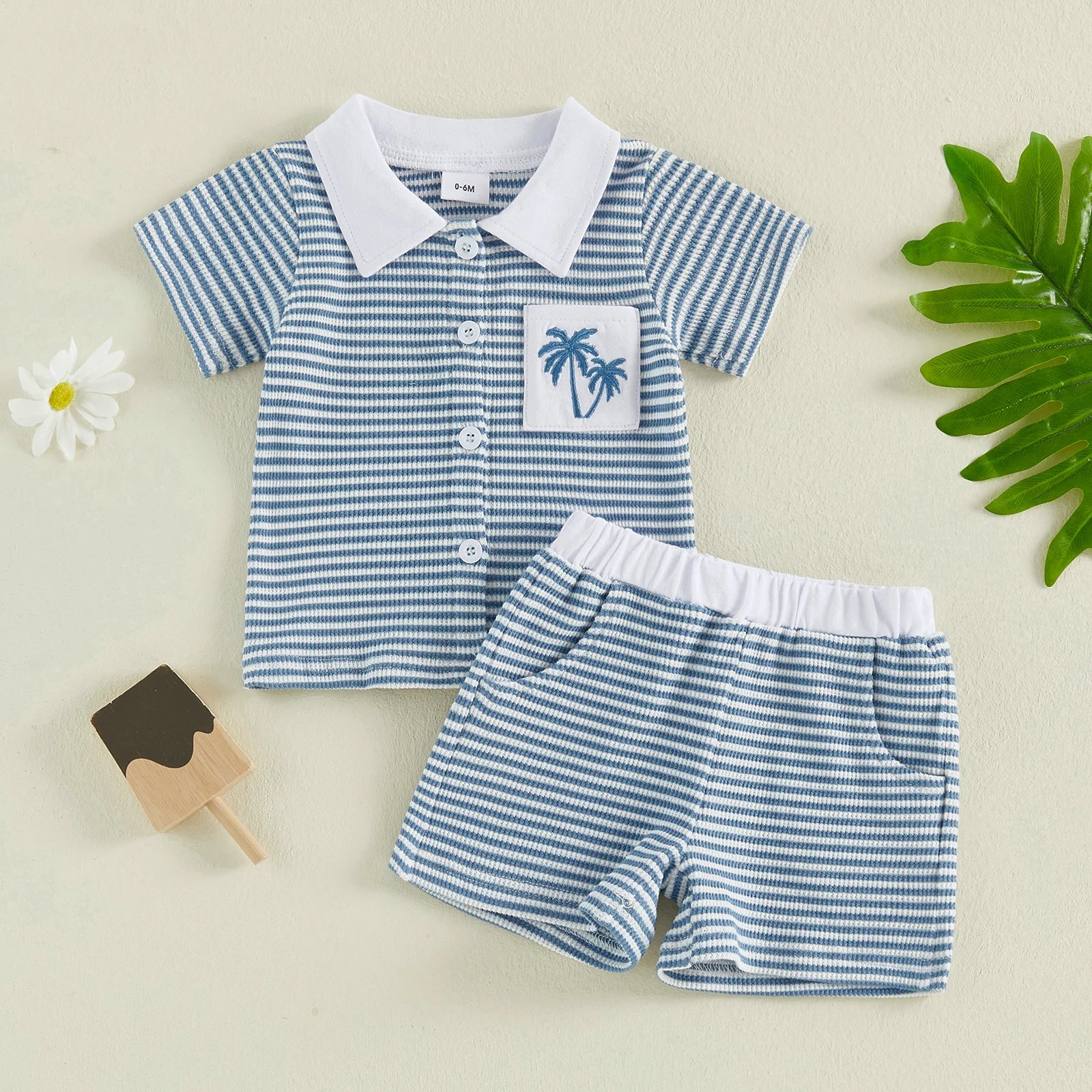 Conjunto verano bebé camiseta rayas bordado árbol y pantalón corto - imagen 3