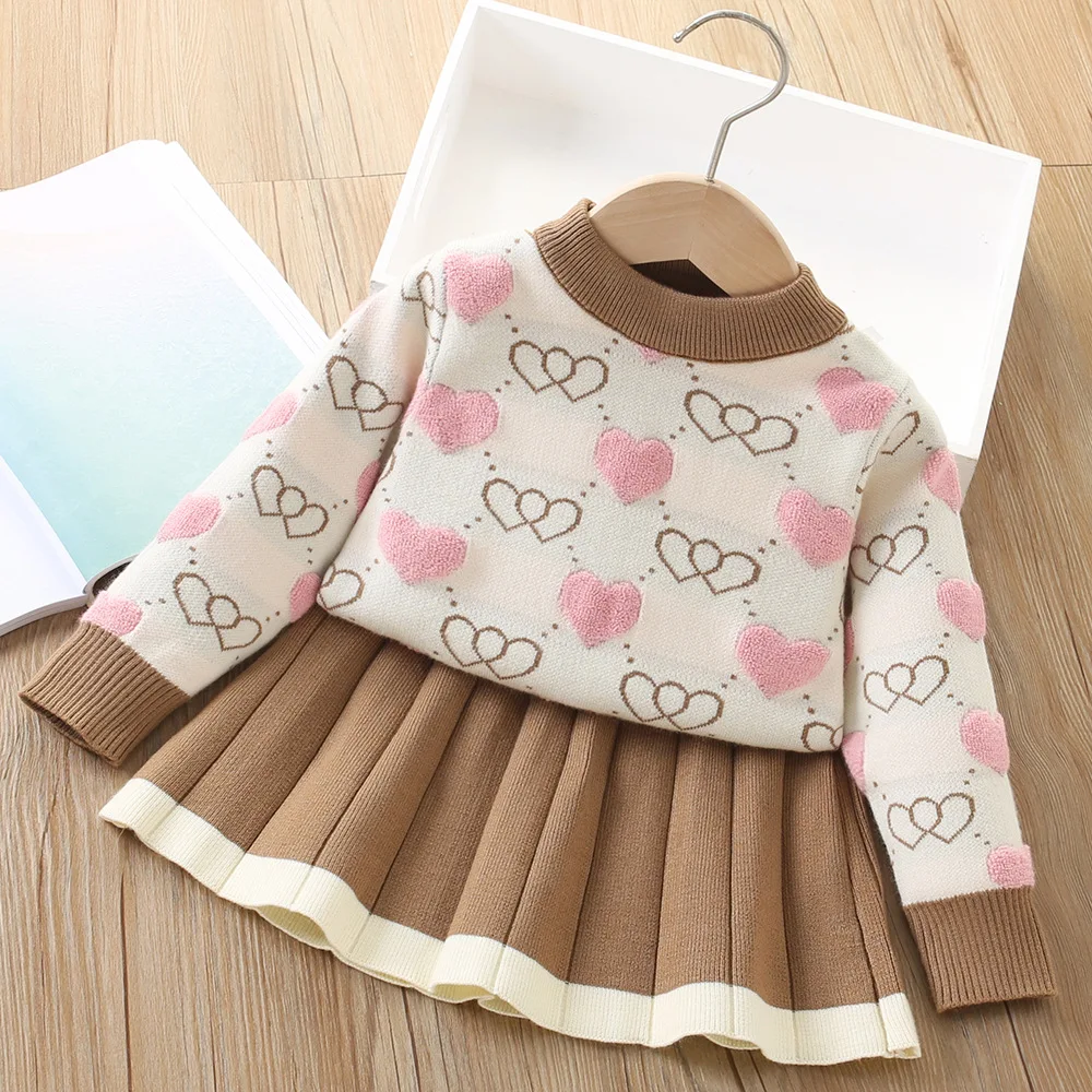 Conjunto de ropa para bebés de otoño/invierno, suéter y falda de punto con corazón para niñas de 1 a 5 años, 2 uds., conjunto de moda para niñas, jersey para niños - imagen 3