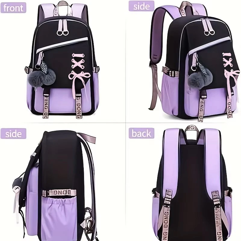 Mochila escolar de gran capacidad con bonito colgante de felpa, mochila bonita para niñas, mochila de tela de nailon impermeable para niños, adolescentes y estudiantes - imagen 4