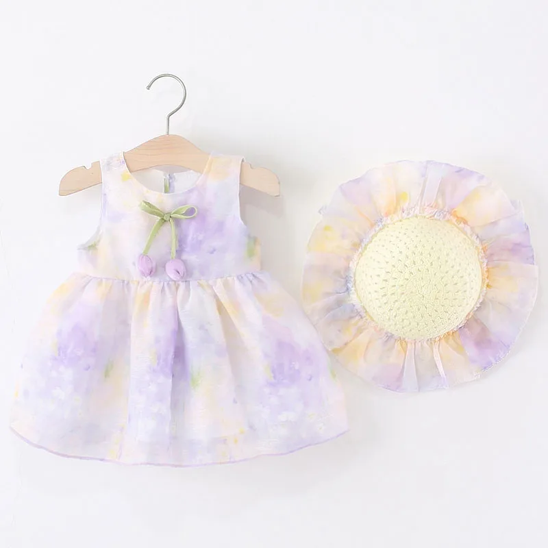 Conjuntos de 2 piezas de vestido de verano para niña pequeña, vestidos coreanos de princesa sin mangas de malla de algodón con flores + sombrero, ropa de Boutique para niños B110