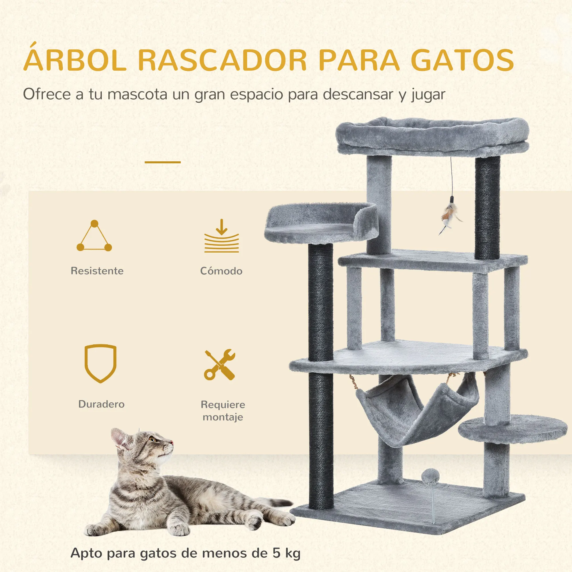 PawHut Árbol Rascador para Gatos 48x48x107 cm con Cueva de Fieltro Desmontable Hamaca Camas de Felpa Múltiples Plataformas Postes Rascadores de Sisal y Juguetes Gris - imagen 4