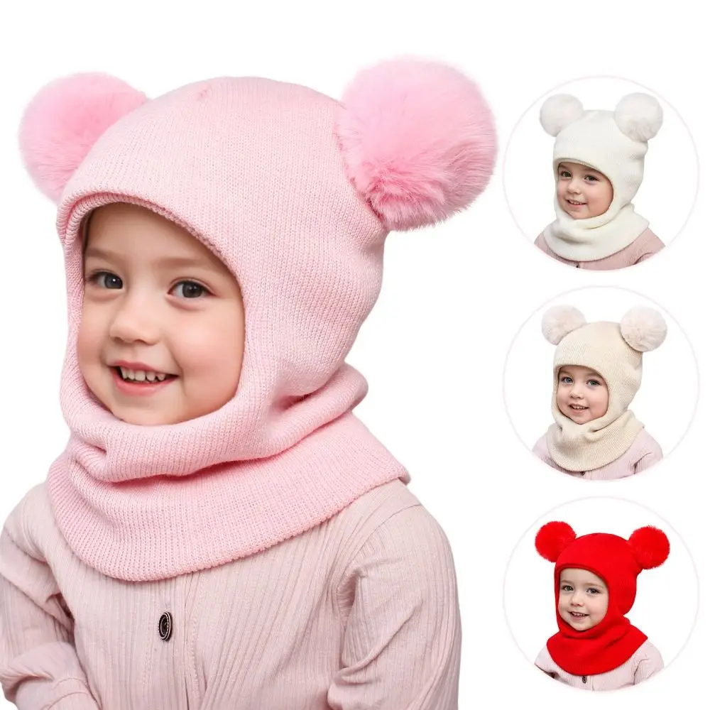 Gorro de lana con pompón para protección de los oídos para niños y niñas, gorros de pasamontañas para otoño e invierno, gorro de una sola pieza con bolas dobles, bufanda