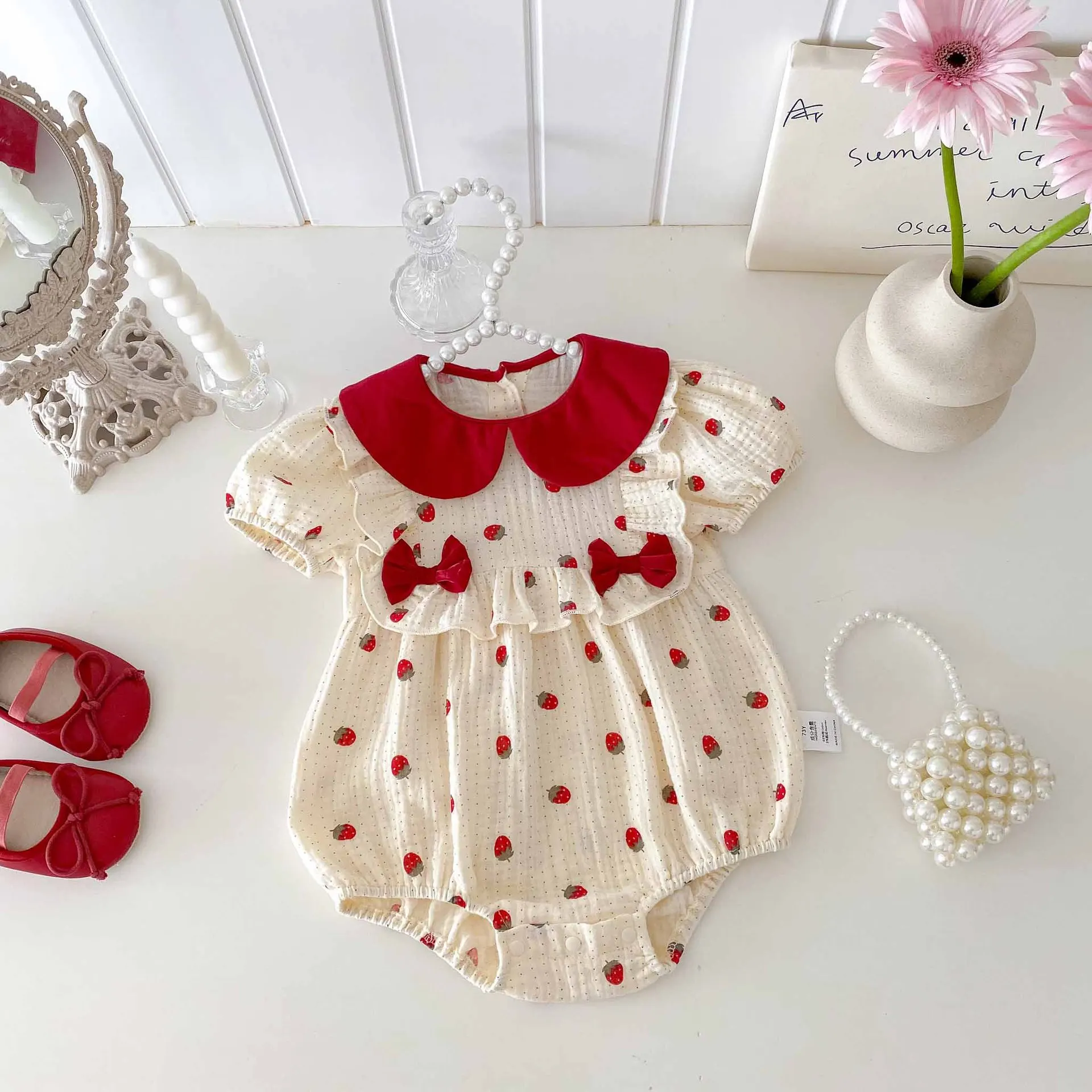 Ropa de verano para niñas, mono infantil de 100 días y traje de una pieza con cuello Peter Pan para niñas