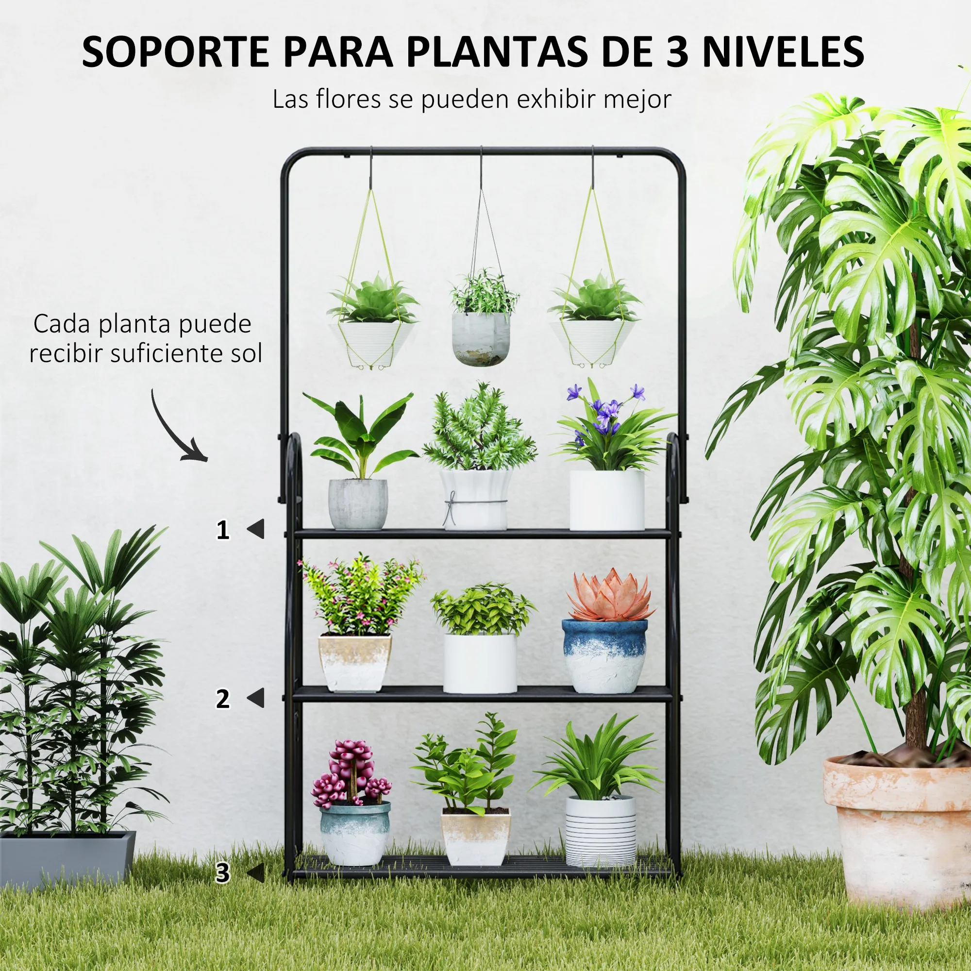 Outsunny Estantería para Plantas de 3 Niveles Soporte para Plantas con Ganchos de Metal Barra para Colgar Soporte para Macetas para Interior y Exterior Negro - imagen 4