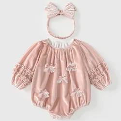 Mono rosa de terciopelo manga larga para niña con lazo y diadema