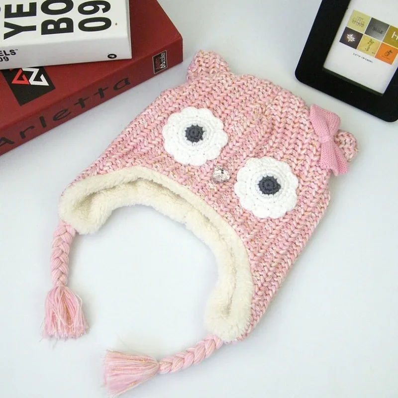 Gorro para niñas de 0 a 2 años, gorros de dibujos animados de búho rosa, gorros cálidos con forro de terciopelo para niñas, gorros de invierno para niños, accesorios de fotografía recién nacido - imagen 4