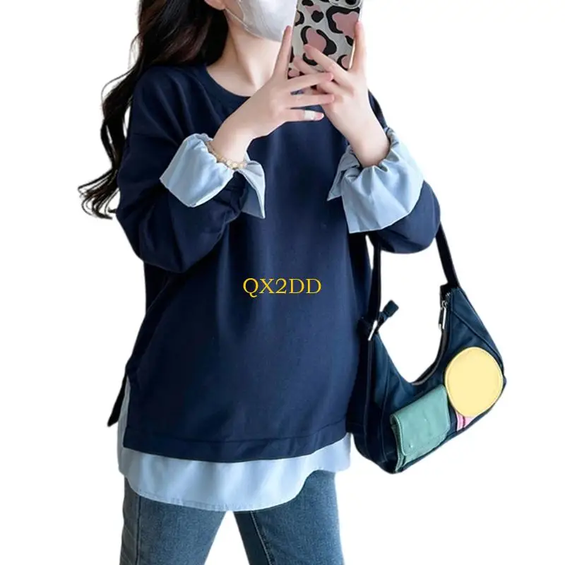 QX2D Sudadera algodón suave para embarazo, dobladillo en capas, corte espacioso, lavable a máquina, comodidad diaria y - imagen 3