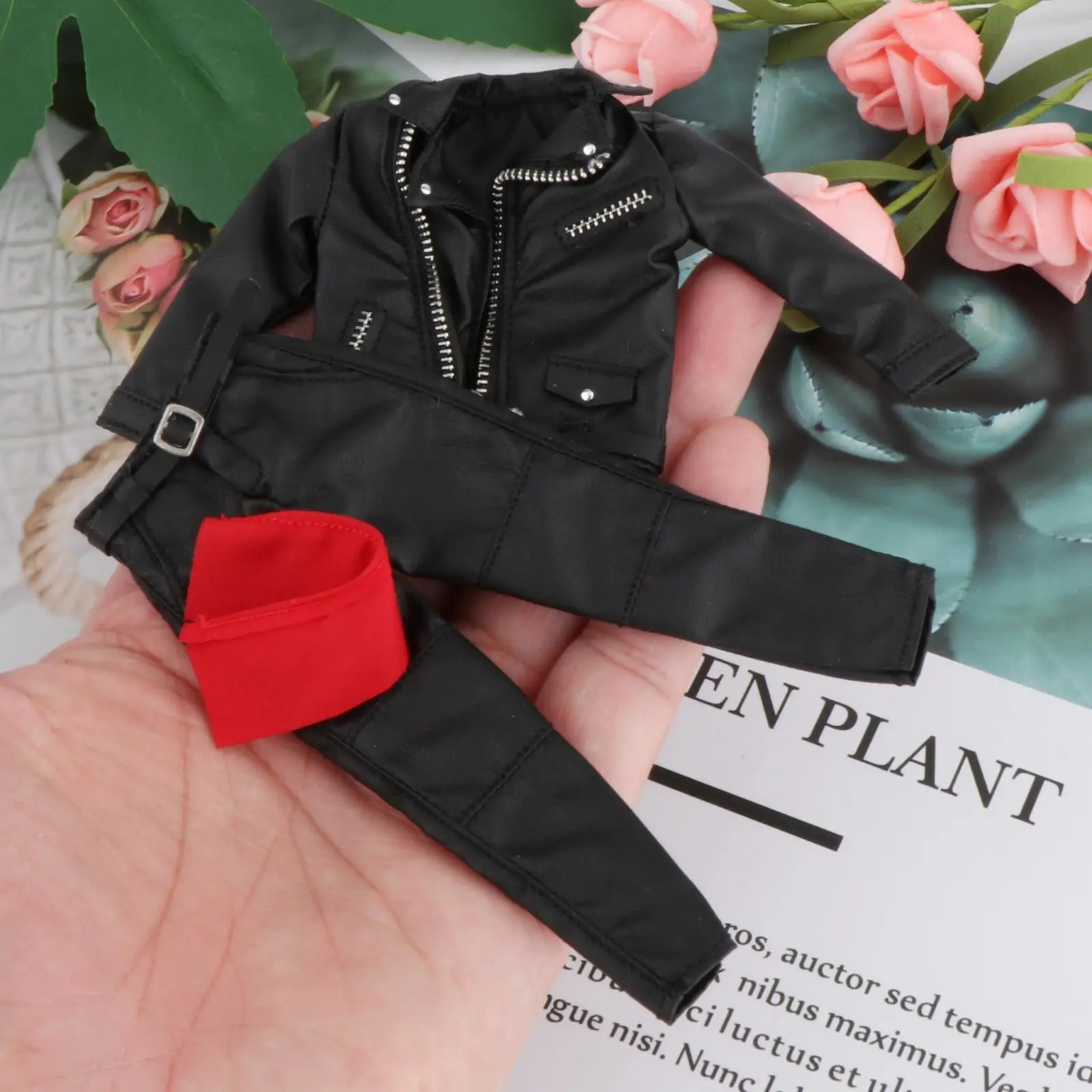 1:12 Man PU Leather Jacket Set with Pants Belt Scarf Handmade Action Figures Clothes Outfit Costume Miniature for 6'' Figures