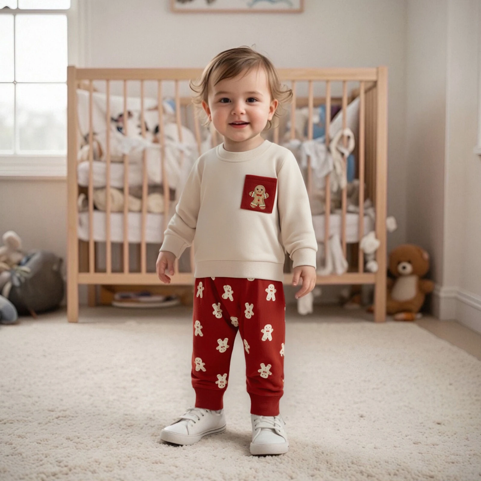 Suefunskry Conjuntos de 2 piezas de Navidad para niños pequeños, sudadera de manga larga con cuello redondo, tops, pantalones con cordón y estampado de pan de jengibre - imagen 2