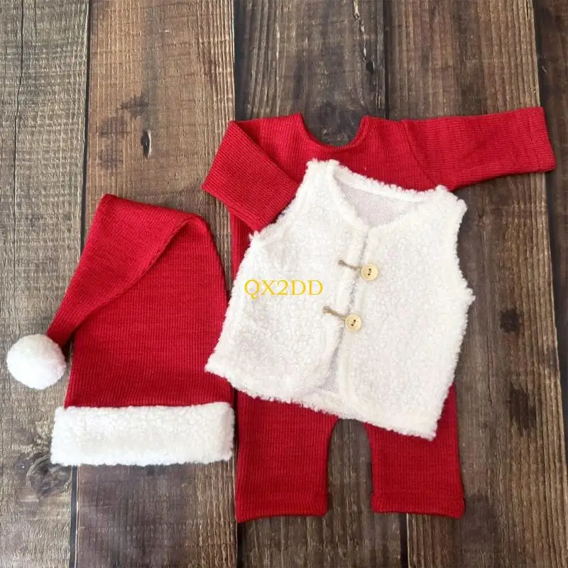 QX2D Conjunto utilería para fotografía Papá Noel para bebé, 3 piezas, ropa cómoda y respetuosa con piel para recién