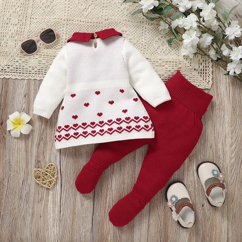 Conjuntos de trajes para niños pequeños, Otoño Invierno, punto cálido, niñas recién nacidas, cuello de tortuga, suéteres de manga larga, Tops + Pantalones, trajes - imagen 2