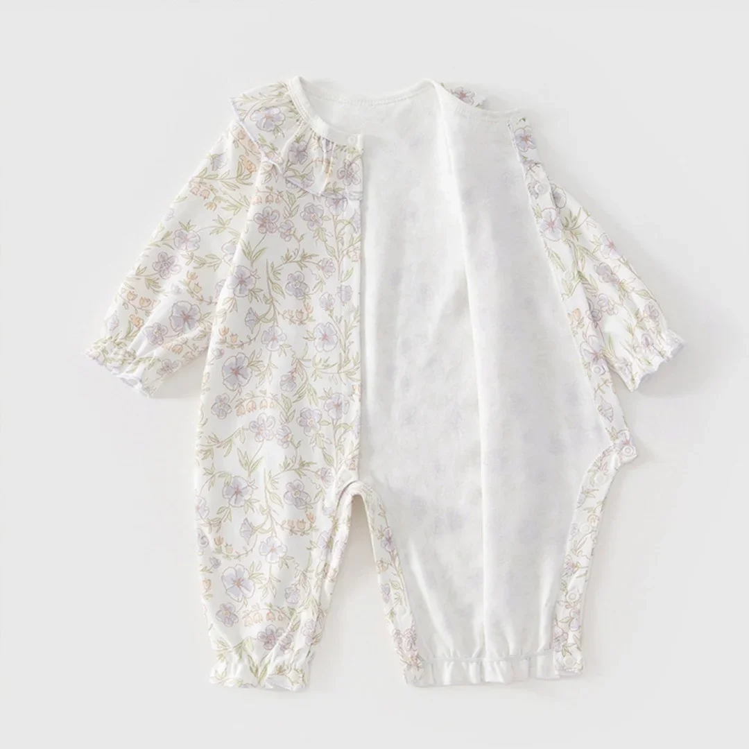 Pelele de algodón para niñas recién nacidas de 0 a 2 años, mono de una pieza con estampado Floral y cuello con volantes para primavera 2026, ropa de dormir para uso diario - imagen 2